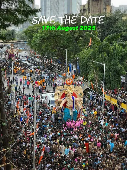 An aerial view of the Chinchpoklicha Chintamani Aagman, showcasing the massive crowd that gathers to welcome the idol. This high-angle shot is perfect for showing the density of the procession.