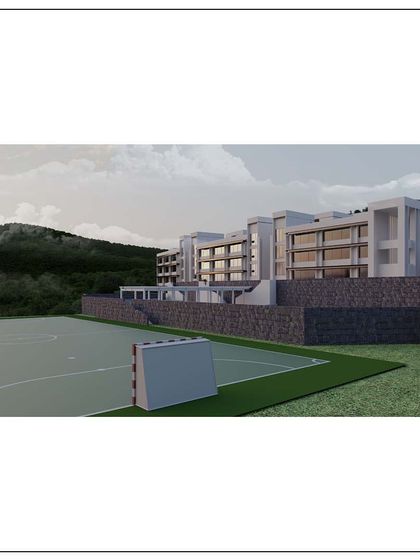 A rendering of a state-of-the-art school in Kangra, Himachal Pradesh. The building is terraced into the hillside, respecting the natural topography while providing modern educational facilities.