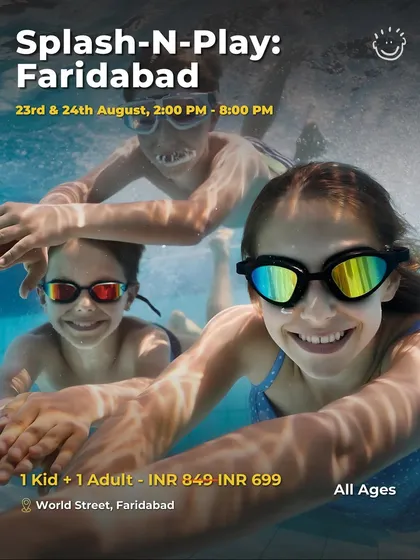 A poster for Splash-N-Play in Faridabad, showing kids enjoying the water and highlighting the ticket price for a child and adult combo.