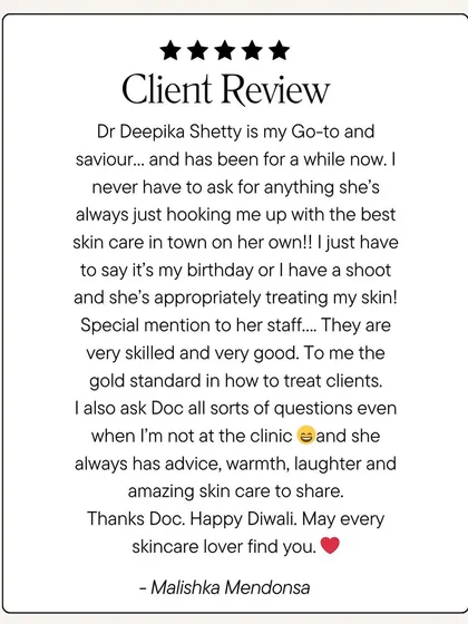 This review from Malishka Mendonsa emphasizes the importance of a proactive and personalized approach to skincare. I believe in anticipating my clients' needs and providing them with the best care, along with a supportive and skilled team.