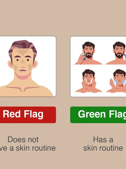 A fun take for Valentine's Day. A man who doesn't have a skincare routine is a red flag, while one who does is a green flag. Taking care of your skin is a sign of self-care.
