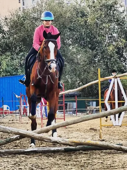 A young rider confidently guides her horse over a cross rail jump. We provide training for aspiring young jumpers to build their skills safely.