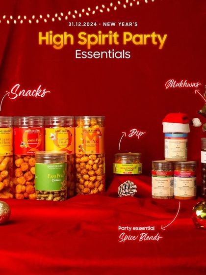 My High Spirit Party Essentials combo, curated for a lively New Year's Eve. This image displays the full assortment of savoury snacks, dips, spice blends, and mouth fresheners for an unforgettable celebration.