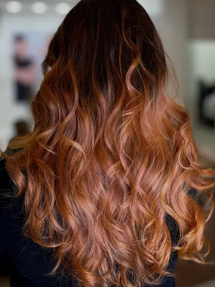 The back view of the copper ombre, showing the full effect of the color on long hair.