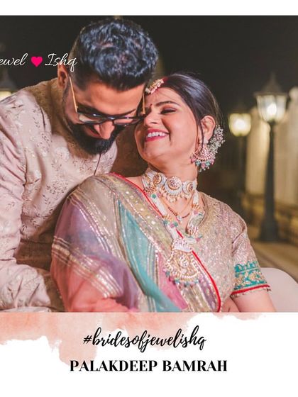 A romantic photo of our real bride Palakdeep and her partner. Her custom pastel jewellery, including the choker and passa, shines beautifully.