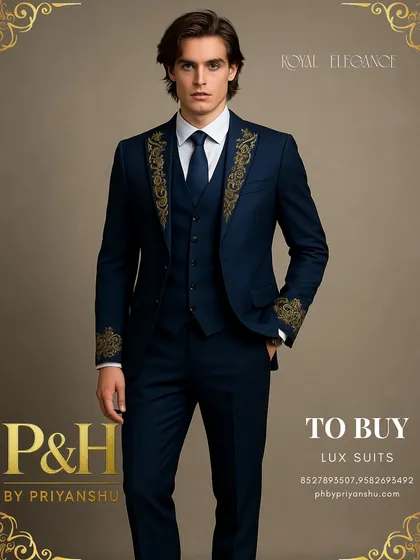 This rare royal blue three-piece suit is crafted from imported Italian fabric. The golden hand-embroidery on the lapels and cuffs adds a touch of Indian royal artistry to a classic silhouette.