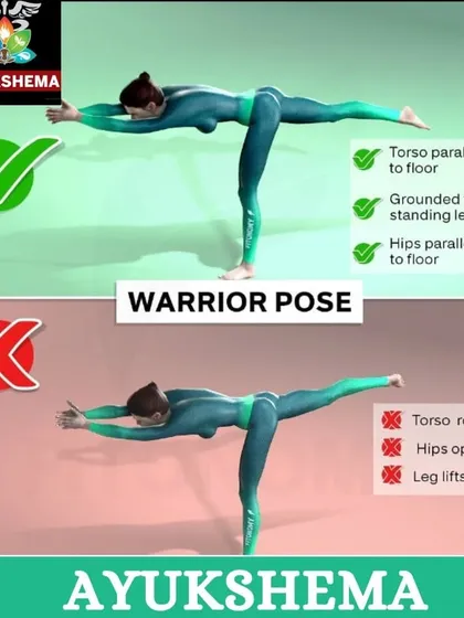 This guide shows the proper alignment for Warrior III pose, highlighting common mistakes like opening the hips or rotating the torso.