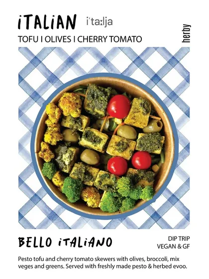 The Bello Italiano bowl is our tribute to Italy. We create skewers of pesto tofu and cherry tomatoes, paired with olives, broccoli, and mixed greens, and dress it all with more of our freshly made pesto and herbed olive oil.