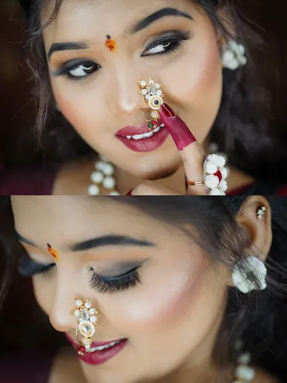 A detailed collage focusing on the expressive eyes, traditional bindi, and ornate nath of a woman dressed for Makar Sankranti.