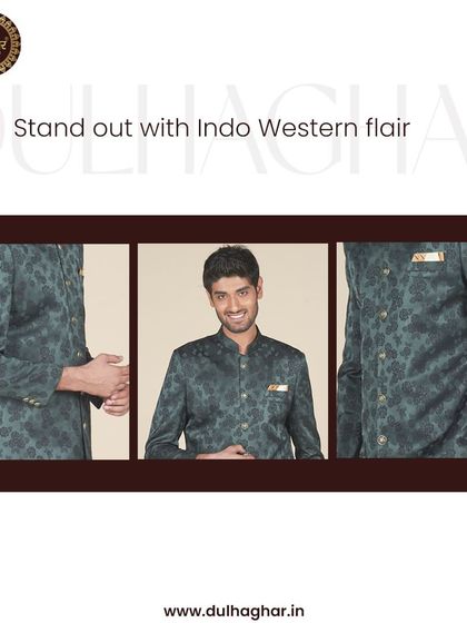 Stand out with Indo-Western flair. A collage featuring a dark green printed jacket, perfect for a subtle yet stylish statement.