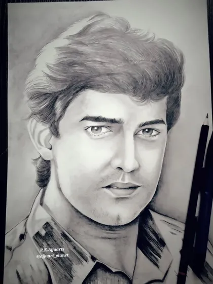 Another angle of my Aamir Khan portrait, showing the shading and blending techniques used to create a three-dimensional feel.