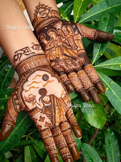 A complete Karwa Chauth narrative, with one hand showing the woman with her puja thali and the other depicting the couple together.