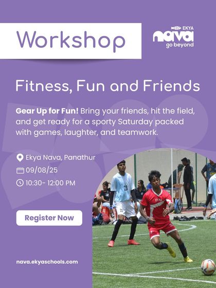 My 'Fitness, Fun and Friends' workshop is all about teamwork and healthy activity. This poster captures the energy of a friendly football match, one of the many sports I offer to encourage camaraderie and physical fitness.