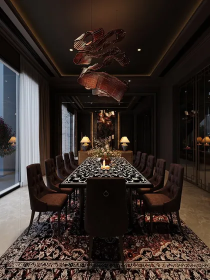 This angle of the sculptural dining room concept shows how mirrors are used to reflect the dramatic lighting and create a sense of expanded space, even within a dark and moody palette.