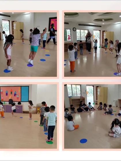 This collage captures the energy of our music and movement sessions. Children are seen jumping, stretching, and participating in group activities that promote rhythm and social interaction.