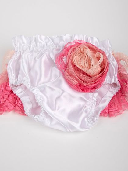 The back view of the ruffled diaper cover, showing the satin bloomers.