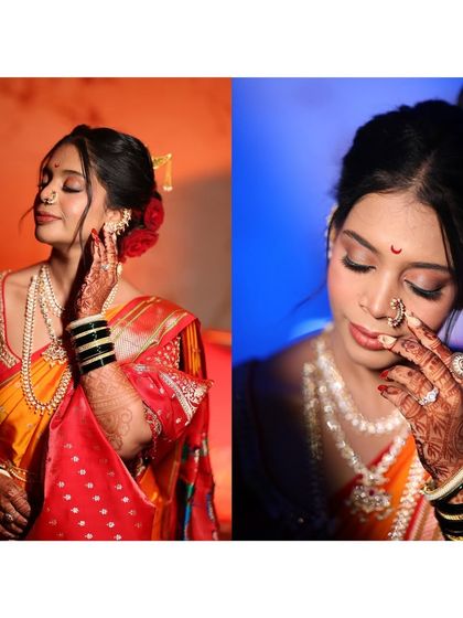 A diptych of the bride's portraits with different colored lighting. We experiment with creative techniques to produce unique and artistic bridal shots.