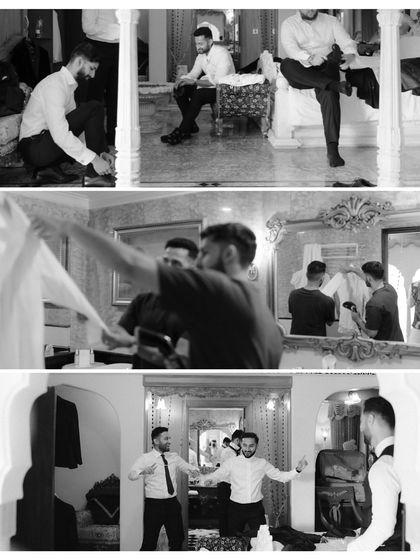 The groom and his groomsmen getting ready. This collage captures the candid, behind-the-scenes moments of friendship and fun, from fixing ties to sharing a laugh before the main event.