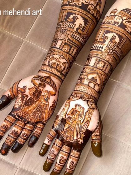 A beautiful design featuring a groom with an umbrella on one palm and a couple portrait on the other.