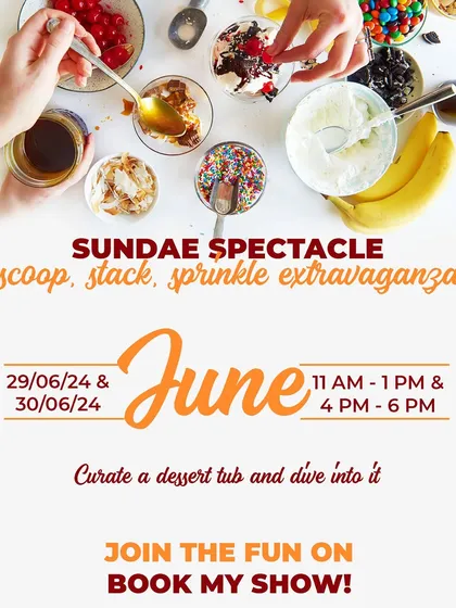 Our 'Sundae Spectacle' poster, showing all the delicious toppings and ingredients you can use to curate your own dream dessert tub.