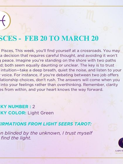 A weekly tarot prediction for Pisces. This week, you'll find yourself at a crossroads. You may face a decision that requires careful thought. The key is to trust your intuition. Take a deep breath, quiet the noise, and listen to your inner voice.