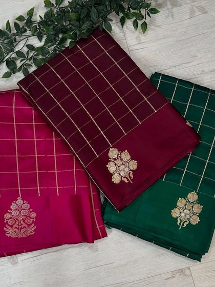 Another view of the three beautiful colors available in our checks Banarasi saree collection.
