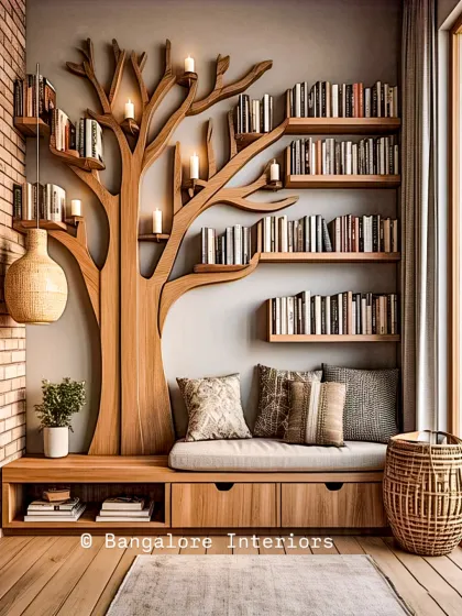 A creative and artistic reading nook featuring a custom-designed tree-shaped bookshelf that serves as both storage and a stunning wall feature. The integrated bench with built-in drawers provides a cozy spot to read while maximizing space.