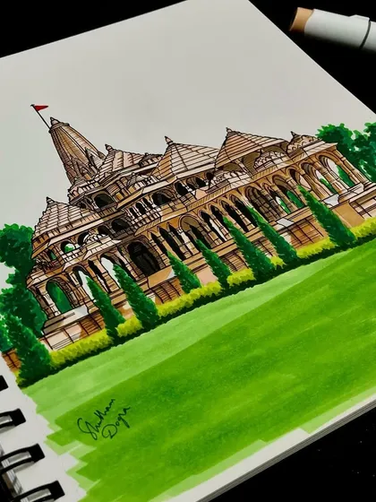 Another angle of the Ram Mandir marker drawing, showing the markers used. This gives a behind-the-scenes look at the tools I use for my architectural art.