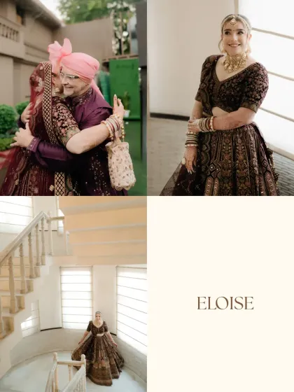 A collage of the bride's moments, from a hug with her father to a stunning full-length portrait on a spiral staircase.