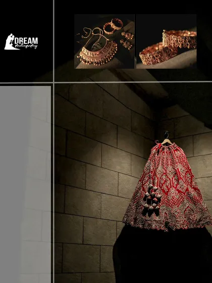 A creative shot of the bride's lehenga and jewelry, artistically arranged before the wedding.
