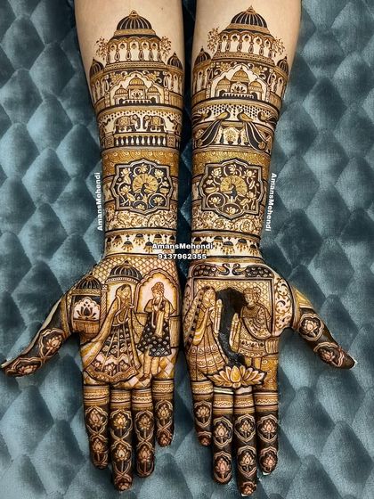 Royal beauty redefined in this heavy bridal design. The full arms are covered in intricate details, including portraits, palace windows, and symbolic motifs, making a grand statement.