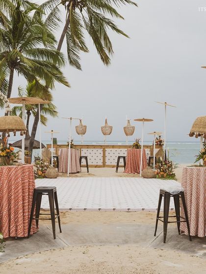 The bar and dance floor setup for our Mauritius beach party, designed to be both stylish and functional for a celebration on the sand.