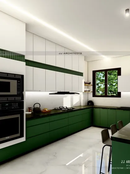 A 3D render of a spacious kitchen for a duplex project in Faridabad. The design uses a bold two-tone scheme with forest green base cabinets and white overhead units for a fresh, modern look.