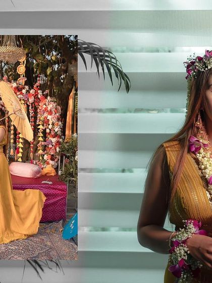 A beautiful collage of the bride at her Haldi or Mehendi ceremony, featuring a solo portrait with a traditional umbrella and a close-up of her floral jewelry.