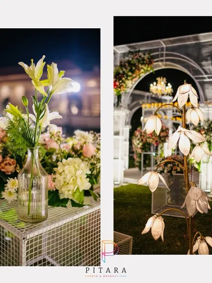 Another collage of details from the wire mesh wedding, highlighting the floral lamps and the delicate flower arrangements.