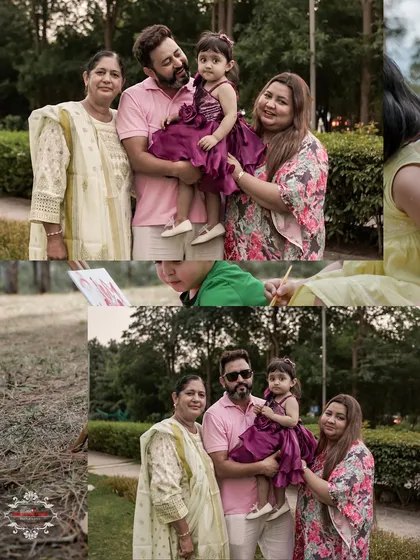 A collage featuring a lovely three-generation family portrait taken in a park setting.
