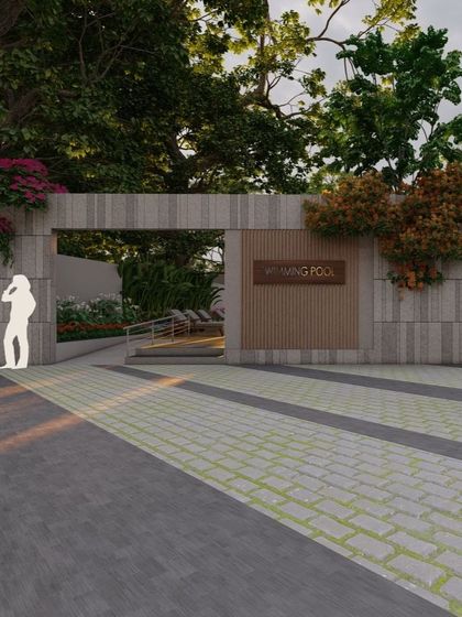 The entrance to the conceptual pool area, designed with stone-clad walls and accessible pathways to create a welcoming and premium experience.