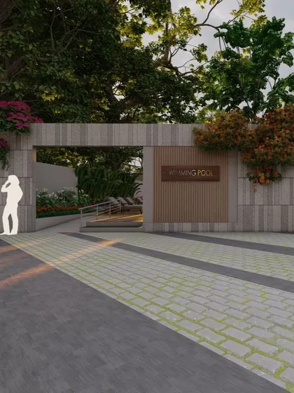 The entrance to the conceptual pool area, designed with stone-clad walls and accessible pathways to create a welcoming and premium experience.