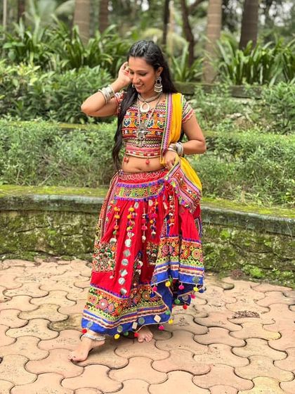 A full view of the vibrant and colourful traditional ghagra, perfect for making a statement during Navratri.