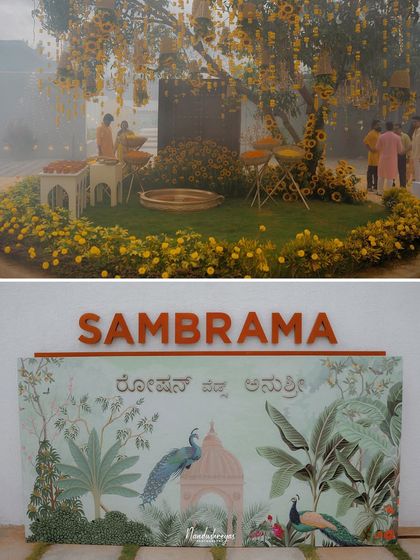 A collage showing the wide view of the Haldi decor and a close-up of the beautifully designed welcome sign for the couple.