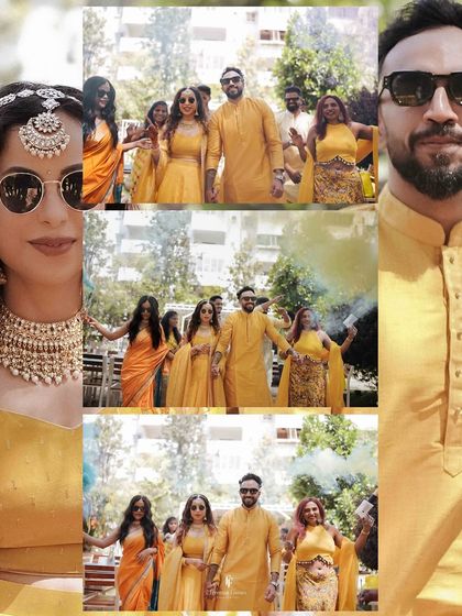 A dynamic collage from a Haldi ceremony, capturing the couple's grand entrance with their friends and the vibrant yellow theme of the event.