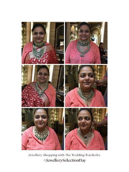 Jewellery selection day. A collage of behind-the-scenes photos showing the bride trying on different necklace options to find the perfect one for her royal wedding look.