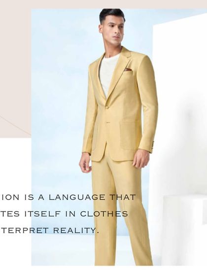 We believe fashion is a language. This light yellow suit, paired with a simple white tee, creates a relaxed yet sharp look that interprets reality with effortless style.