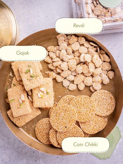 For Makar Sankranti, I offer a traditional platter featuring Gajak, Revdi, and Coin Chikki. These sesame and jaggery sweets are essential for celebrating the winter harvest festival.
