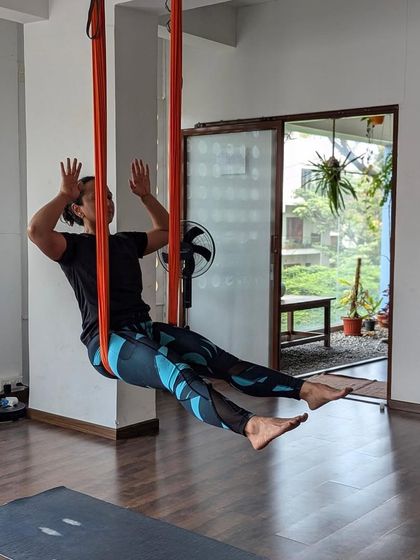 A moment of playful surprise during an aerial sequence. Our classes are filled with laughter and lightheartedness.