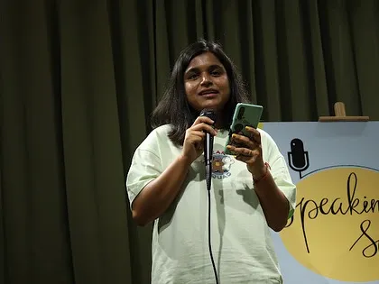 A storyteller mid-sentence at our Bangalore open mic event.