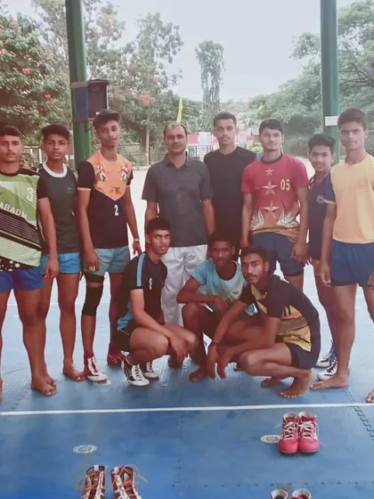 A group of our players on a professional Kabaddi mat, getting a feel for a different playing surface.