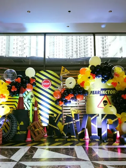 A wide shot of the Fear Factor birthday stage, perfect for a child who loves thrills and challenges.