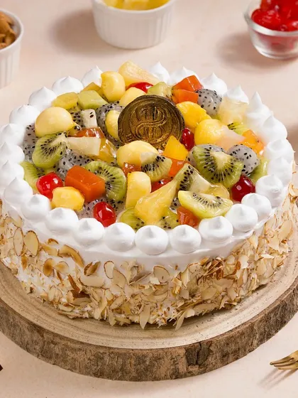 A classic fruit cake needs to look fresh, vibrant, and delicious. We carefully style each element, from the glistening fruit to the toasted almonds, to create a perfect image for bakeries and celebration menus.
