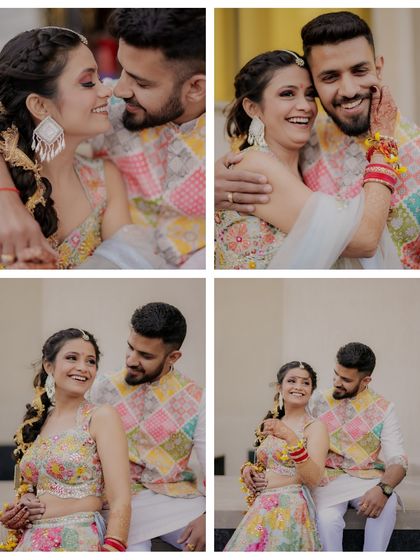 A collage of close-ups and candid moments, showcasing the couple's loving interactions and happy smiles during their Haldi.